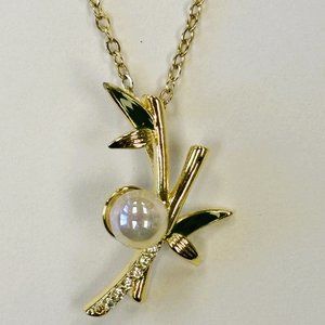 Gold and Pearl Zircon Bamboo Bouquet Pendant Necklace